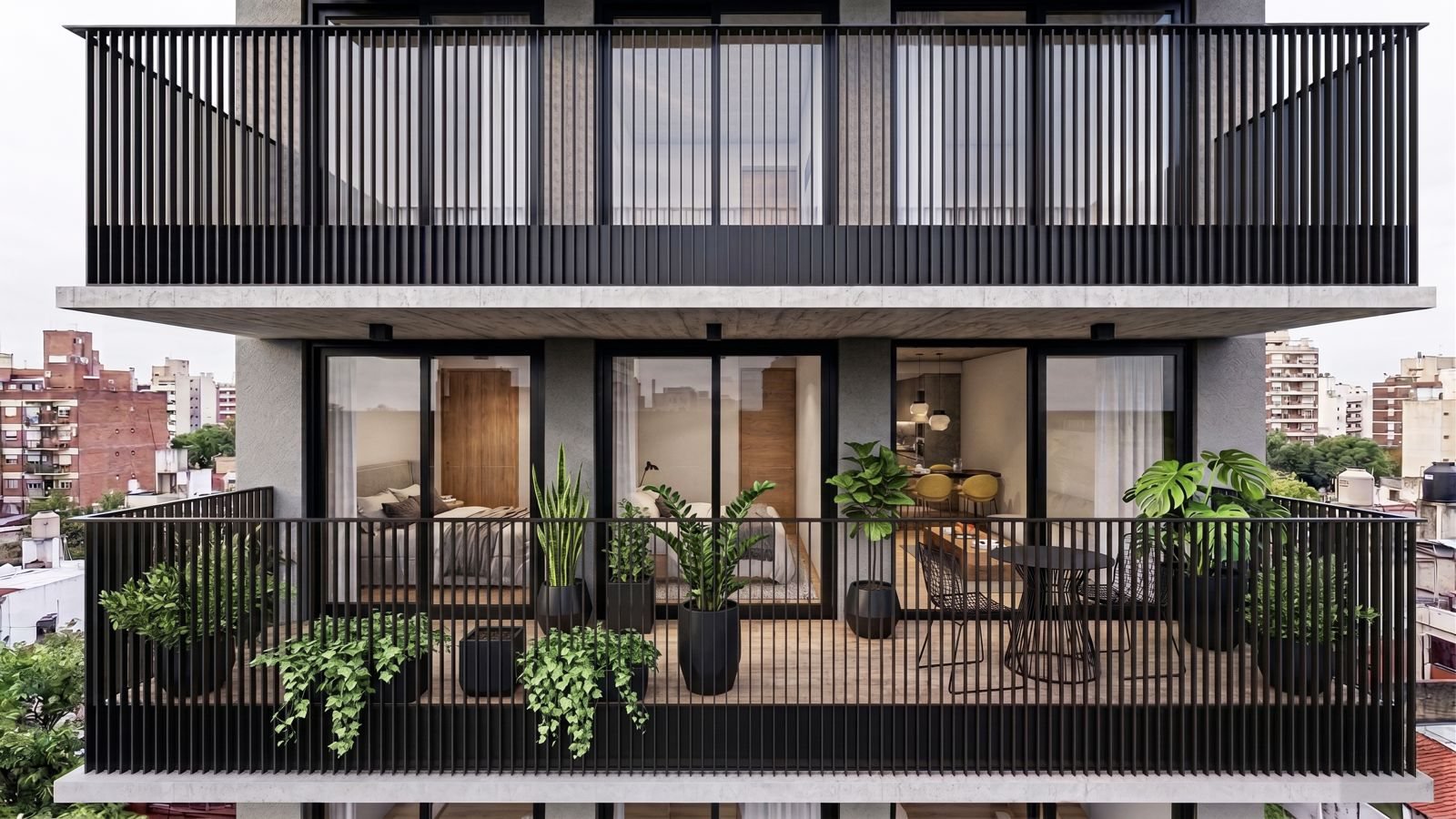 Balcones corridos con vegetación sobre el frente del edificio